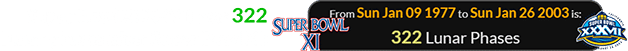Super Bowl XXXXVII was 322 Lunar phases after Super Bowl XI: