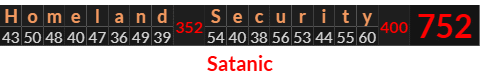 "Homeland Security" = 752 (Satanic)