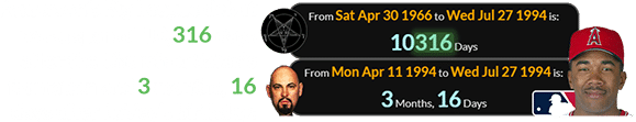 Anderson’s Big League debut was a span of 10,316 days after the Church of Satan’s formation and 3 months, 16 days after LaVey’s birthday: