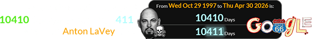 The Google Doodle appeared 10410 days (or a span of 10,411) days after Anton LaVey died: