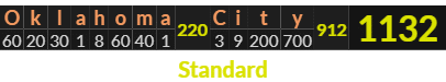 "Oklahoma City" = 1132 (Standard)