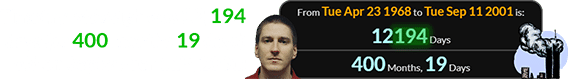 Timothy McVeigh was 12,194 days (or 400 months 19 days) old on September 11th, 2001:
