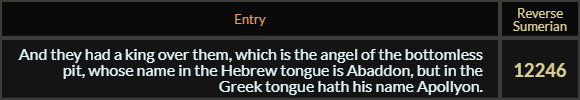 And they had a king over them, which is the angel of the bottomless pit, whose name in the Hebrew tongue is Abaddon, but in the Greek tongue hath his name Apollyon = 12246 Reverse Sumerian