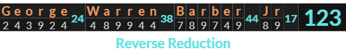 "George Warren Barber Jr" = 123 (Reverse Reduction)