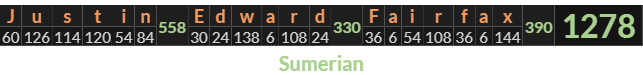 "Justin Edward Fairfax" = 1278 (Sumerian)