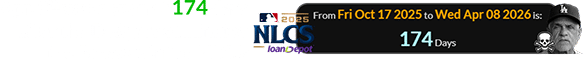 Apr. 8th was a span of 174 days after the Dodgers eliminated the Brewers in the NLCS: