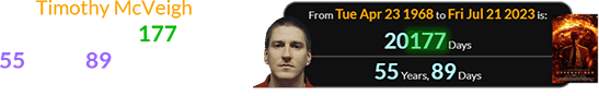 Timothy McVeigh would have been 20,177 days (or 55 years, 89 days old for the release of Oppenheimer: