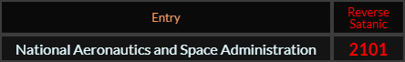 "National Aeronautics and Space Administration" = 2101 (Reverse Satanic)