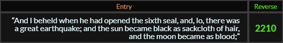 "And I beheld when he had opened the sixth seal and lo there was a great earthquake and the sun became black as sackcloth of hair and the moon became as blood" = 2210 (Reverse)