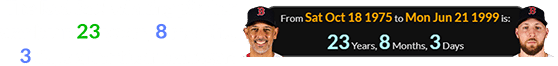 The Red Sox’ winning pitcher was born 23 years, 8 months, 3 days after their manager: