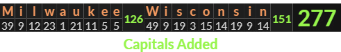 "Milwaukee Wisconsin" = 277 (Capitals Added)