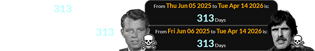 Tuesday was 313 days after the anniversary of the RFK shooting and a span of 313 days after the date he died: