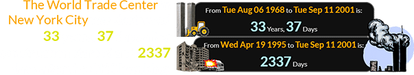 The World Trade Center in New York City was destroyed 33 years, 37 days after construction started and 2337 days after the OKC bombing: