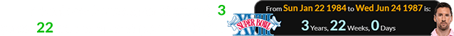Messi was born a span of exactly 3 years, 22 weeks after Super Bowl XVIII: