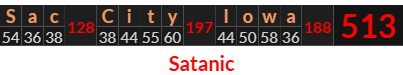 "Sac City Iowa" = 513 (Satanic)