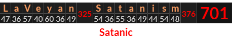"LaVeyan Satanism" = 701 (Satanic)