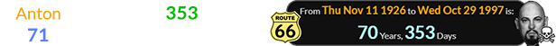 Anton died a span of 353 days into the 71st year since Route 66 opened:
