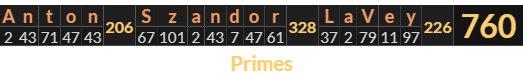 "Anton Szandor LaVey" = 760 (Primes)