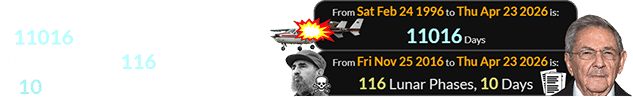 The indictment was issued 11016 days after the plane was shot down and 116 Lunar phases, 10 days after Fidel Castro died:
