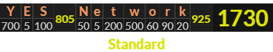 "YES Network" = 1730 (Standard)