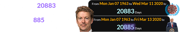 Rand Paul was 20883 days of age when the pandemic began and 20,885 days old for Trump’s national emergency: