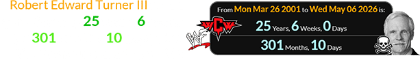 Robert Edward Turner III died a span of exactly 25 years, 6 weeks (or 301 months, 10 days) after WCW was purchased by WWF: