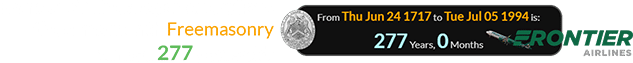 Frontier Airlines began operations the same month Freemasonry turned 277 years old: