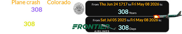 The Plane crash in Colorado happened 308 years after Masonry’s founding and a span of 308 days after the date of Frontier’s first flight: