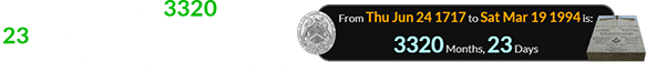 19-Mar-1994 was 3320 months, 23 days after the Premier Grand Lodge of England was founded: