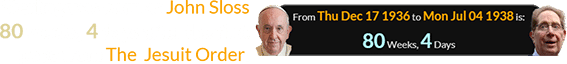 Sterling was born as John Sloss 80 weeks, 4 days after the first pope from The  Jesuit Order: