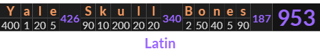 "Yale Skull Bones" = 953 (Latin)