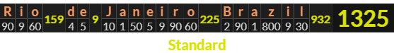"Rio de Janeiro Brazil" = 1325 (Standard)