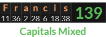 "Francis" = 139 (Capitals Mixed)