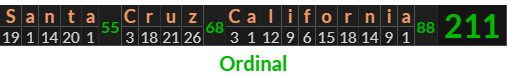 "Santa Cruz California" = 211 (Ordinal)