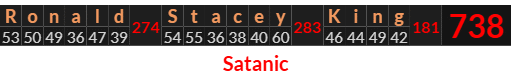 "Ronald Stacey King" = 738 (Satanic)