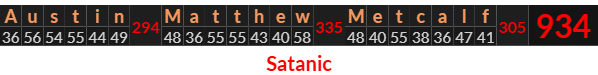 "Austin Matthew Metcalf" = 934 (Satanic)